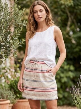 Striped 100% Linen Skirt with Drawstring Waist